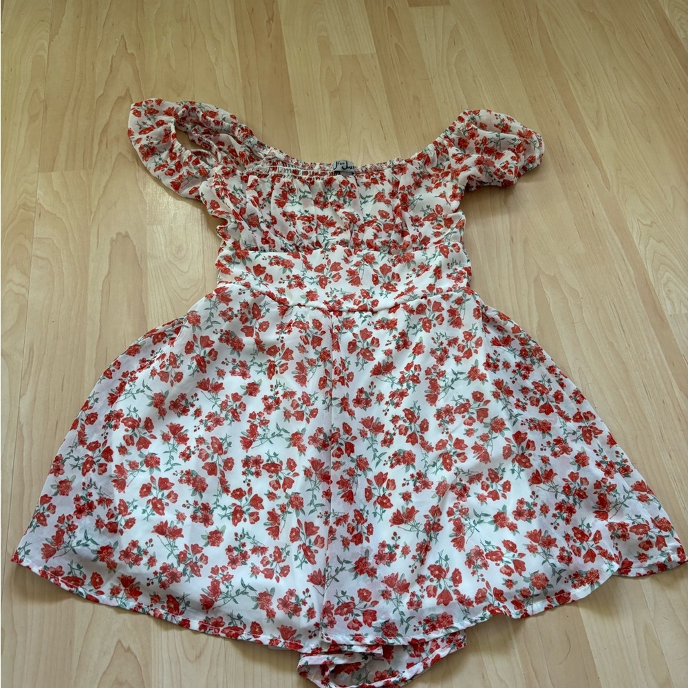 Girls White Floral Off-Shoulder Dress with Red Flowers